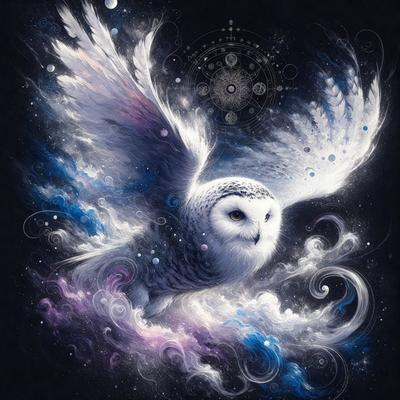 The primary subject of the image is a white owl with yellow eyes, flying through a purple and blue sky. The owl is surrounded by a swirling, colorful background that adds to the overall atmosphere of the scene. The visual style of the image is a combination of digital art and illustration, creating a dynamic and vibrant representation of the owl in flight.